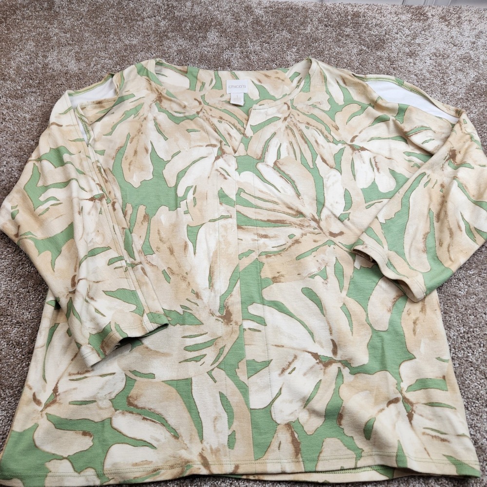 Chicos Cold Shoulder Tropical Palm Print Top Green Tan V-Neck Size 1 Medium